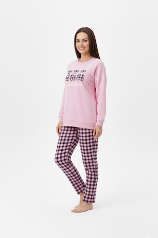 Free Beka Kadın Uzun Kollu Nakış Detaylı Pantolonu Kareli Termal Kumaş Pijama Takımı Pembe