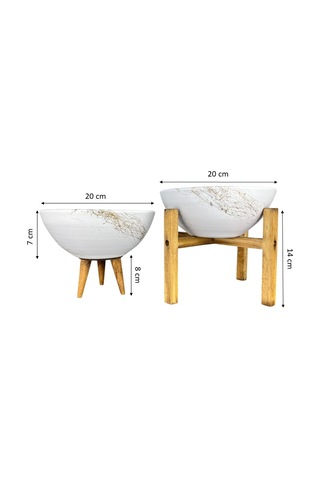 Bitki Tasarımı Ev Dekorasyon Beyaz Üzeri Gold Mermer Efektli Aranjman Sunumluk Toprak Saksı 3-4 Ayaklı İkili Set 20 CM Çap