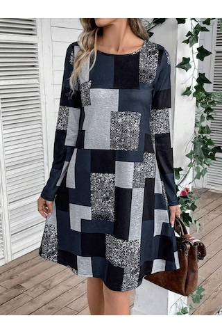 Kadın Uzun Kollu Yuvarlak Yaka Geometrik Süprem Elbise Desenli