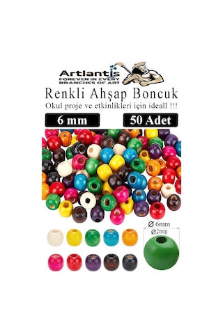 Renkli Ahşap Boncuk 6mm 50 Li 1 Paket Renkli Ahşap Boyalı Yuvarlak Doğal Boncuklar Saç Takı Tasarım Ektinlik Kreş Okul