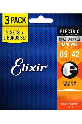 Elixir 16540 Nanoweb Light 3'Lü Elektro Gitar Teli 9-42 Elixir 16540 Nanoweb Light 3'Lü Elektro Gitar Teli 9-42