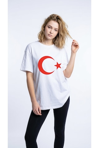 Hoxie Unisex Ay Yıldız Baskılı Beyaz T-shirt - Türk Bayrağı Tasarımlı Pamuklu Oversize Tişört