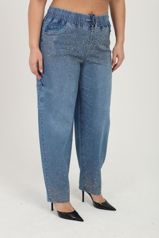 Zanessi Fashıon Büyük Beden Yüksek Bel Taş Detaylı Likralı Denim Mom Fit Kadın Pantolon Mavi