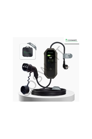 Coswatt Taşınabilir Şarj Cihazı 3.5 Kw / 16a / Tip-2 / Ev Tipi Schuko Fiş / 5m Kablolu / 220v Ac + Taşıma Çantası