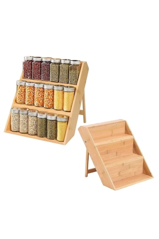 Bambu 3 Katlı Katlanır Ayaklı Baharatlık Standı Doğal, Ayarlanabilir Ve Katlanabilir Bambu Organizer Bambu