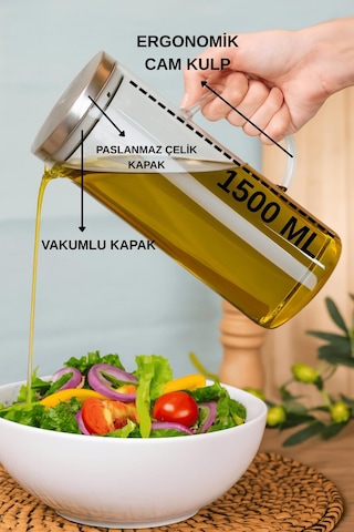 Çelik Kapaklı Vakumlu Borosilikat Cam Yağlık Sirkelik Sütlük Sürahi 1500 Ml Şeffaf