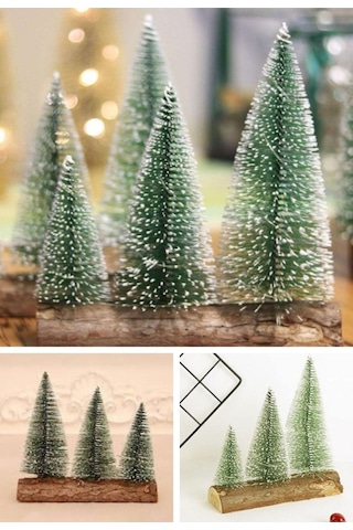 Meşe Kütük Üzerinde Çam Ağaçları 3 Lü Set Nevada Mini Çam Ağaçları Yılbaşı Hediyesi 16-12-10 Cm Çam Ağaçları 16 CM