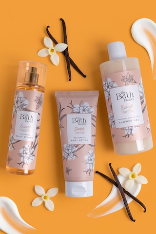 The Bath Factory Sweet Vanilla Duş Jeli + Sweet Vanilla Vücut Spreyi + Sweet Vanilla Vücut Losyonu Vanilya