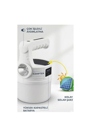 Kamptek Güneş Enerjili Solar Kamp Lambası - Led El Feneri Işıldak Şarjlı Askılı Kamp Doğa Bahçe Dış Mekan Aydınlatması Beyaz