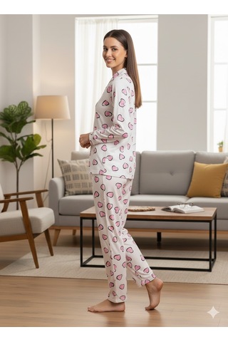 Kadın Düğme Detaylı Pijama Takım Beyaz