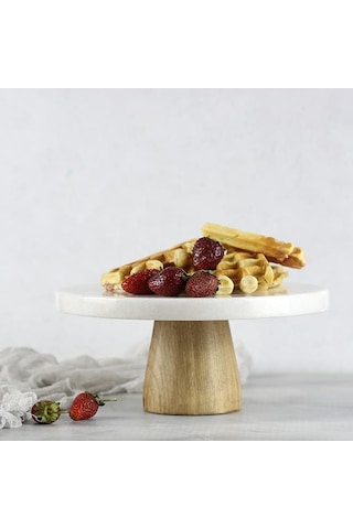 Akayev Mermer 25 CM Konik Ahşap Ayaklı Beyaz Kalın Yuvarlak Sunum