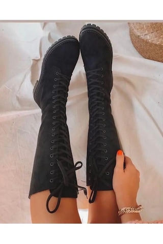Miss Zülüf Uzun Bot Siyah Suet Çizme Postal Kaymaz Taban Kışın Sıcak Tutan İç Astarı Siyah Suet