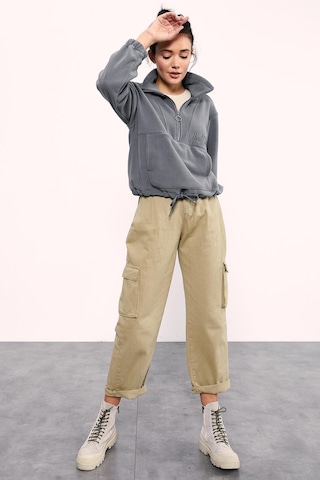 Tommy Life Gri Melanj Yarım Fermuar Etek Ucu Büzgülü Kadın Polar Oversize Sweatshirt - 97171 Gri Melanj