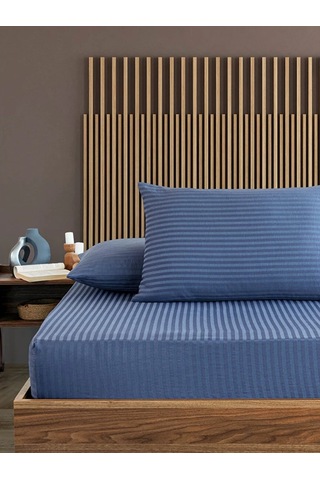 İndigo Mavi Pamuklu Çizgili Saten Lastikli Çarşaf Takımı Tek Kişilik + 1 Yastık Kılıfı Lacivert