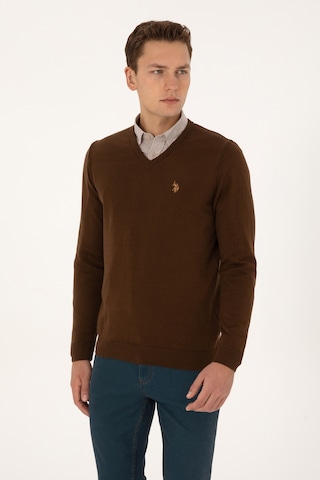 U.S. Polo Assn. Erkek Slim Fit V Yaka Kahverengi Basic Triko Kazak 50313662-VR029