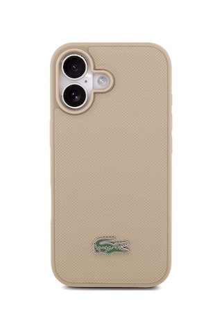 Apple Uyumlu iPhone 17 Kılıf Lacoste Lisanslı M-safe Özellikli Pu Pike Desenli Metal Logolu Kartlıklı Kapak Bej Bej