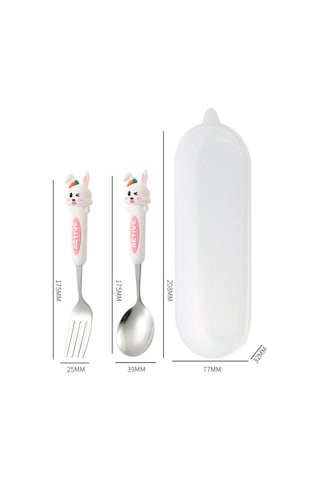 Beyaz Renk Tavşan Figürlü Premium Çocuk Bpa Free Paslanmaz Çelik Uçlu Çatal-kaşık Set 24+ Ay