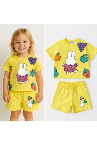 Lolliboomkids Kız Çocuk Çizim Tavşan Fruit Desenli Sarı Renk Altüst Takım Yeni Sezon Sarı