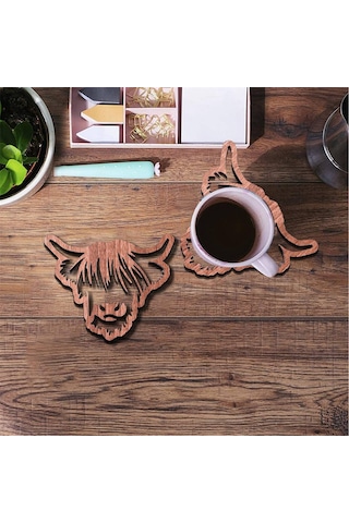 Hayvan Tasarımlı Ahşap Bardak Altlıkları,ahşap Highland İnek Bardak Altlıkları Kahverengi