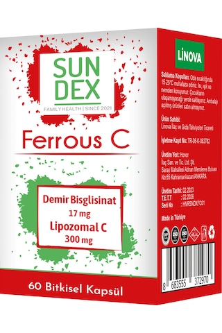 SUNDEX Ferrous C Demir Bisglisinat + Lipozomal C 60 Kapsül