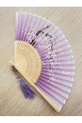 Beluga Yelpaze Bambu Vintage Lila Kelebekli Bahar Dalı Desenli Şık Püsküllü Japon Yelpaze 0167