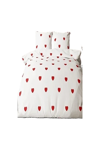 More Home Çift Kişilik Nevresim Takımı Lastikli Çarşaflı Kalpli Kırmızı - Beyaz