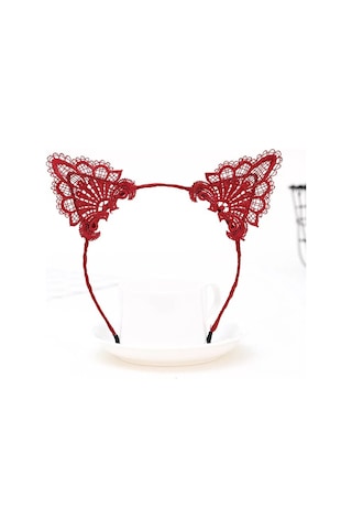 Dantelli Kırmızı Kedi Tacı - Vintage Tarz Dantel Kedi Kulak