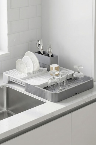 Gri - Uzayabilir Sürgülü Bulaşık Sepeti, Lavabo/tezgah Üstü Açılır Kapanır Bulaşıklık Kurutma Sepeti Gri