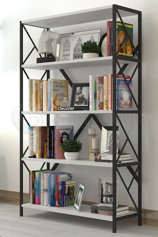 Morpanya Ural 5 Raflı Geniş Metal Kitaplık Dosya Kitap Rafı Ofis Salon Metal Raf 90x180 Siyah Beyaz