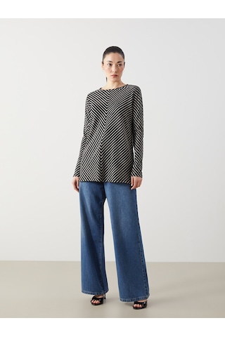 Lcwaıkıkı Classic Siyah Bisiklet Yaka Çizgili Oversize Kadın Tunik
