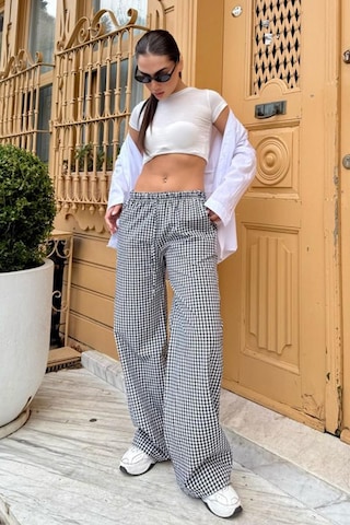 Madmext Siyah Beli Ayarlanabilir Ekoseli Bol Paça Kadın Pantolon Mg2335 Siyah