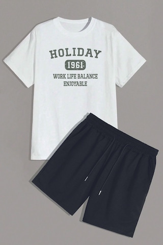 Uyguntarz Unisex Holiday Baskılı Şort Takım Beyaz
