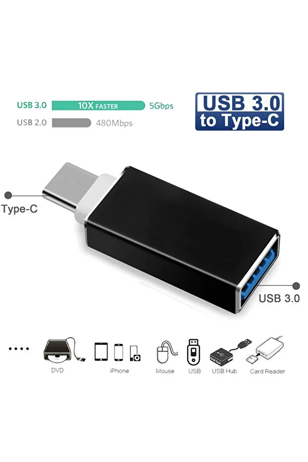 Type C Usb 3.1 To Usb 3.0 Şarj Data Çevirici Dönüştürücü Adaptör Data Cable Otg Adapter 1 Adet Black, Type-c