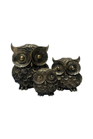 Dekoratif Polyester Üçlü Baykuş Biblo Set Gold Eskitme