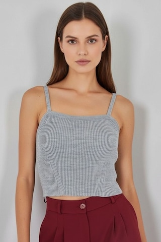 Hiccup Bdart Kare Yaka Ribana Örgü Crop Top Gri