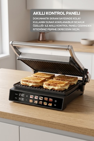 Sinbo SSM-2597 2000 W 10 Ön Ayarlı Dijital Ekranlı Sıcaklık Ve Zaman Göstergeli Döküm Plakalı Izgara Ve Tost Makinesi