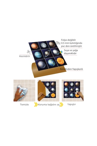 Tink Kendinden Yapışkanlı Renkli Gezegen Desenli Pvc Karo 30x30 Cm