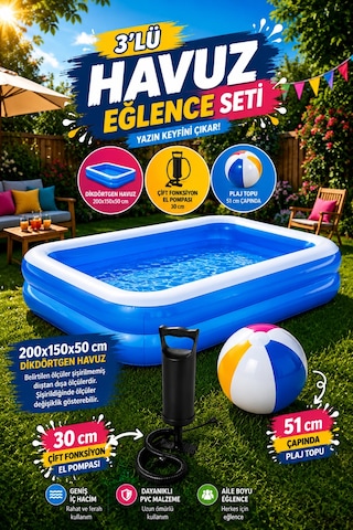 Hak-iş Oyuncak 200x150x50 CM Dikdörtgen Şişme Havuz - 30 CM El Pompası Dahil