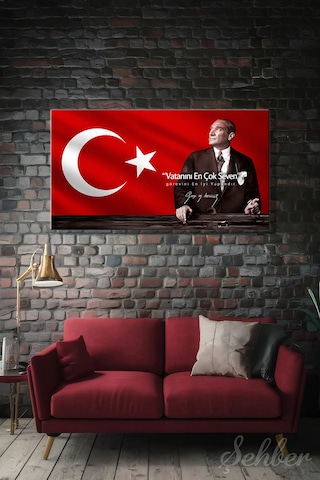 Türk Bayrağı Motifi Gazi Mustafa Kemal Atatürk Portresi Ve Bir Özlü Sözü Yatay Kanvas Tablo 4181 Çok Renkli
