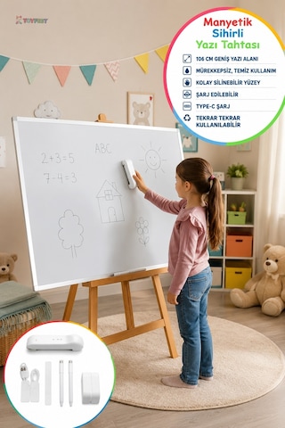 Manyetik Sihirli Yazı Tahtası Silinebilir Eğitim Çizim Yazı Panosu Type-c Şarjlı 106 Cm Beyaz