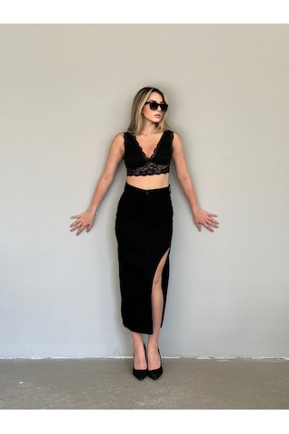 Shevega Kadın Siyah Uzun Ön Parçali Asimetrik Kot Etek Siyah