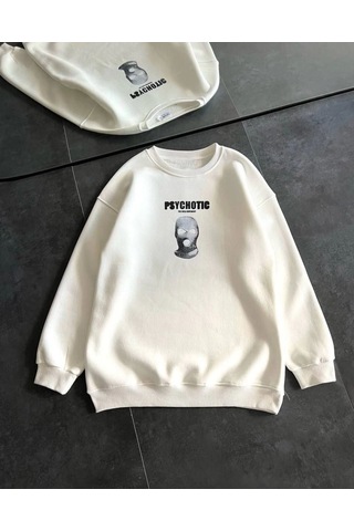 Mbb E-ticaret Kadın 3 İplik Kışlık Bisiklet Yaka Baskılı Sweatshirt - Beyaz