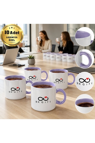 Logonuza Özel 10 Adet Porselen Lila Motto Fincan - 150 Ml Kurumsal Kahve Kupası Mor