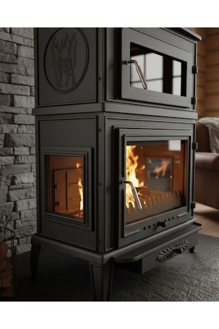 Reyo Stove Salda Üç Camlı Yan Kapak Fırınlı Döküm Şömine Soba