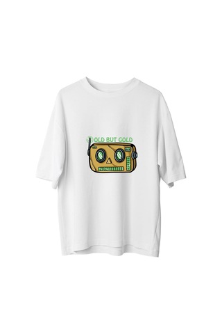Paybuy Eski Ama Altın Tasarımı Baskılı Erkek Oversize Tişört Beyaz