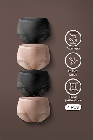 Auw Kadın Mikro Tüllü Toparlayıcı Slip Külot 4'lü - Easyshape Pudra,siyah