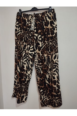 Anne Moda Ankara Kışlık Büyük Beden İnce 2 Cepli Beli Lastikli Yüksek Bel Süet Pantolon Siyah-leopar
