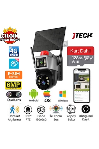 O-kam 7015 3mp+3mp 6mp 4g E-sim Kartlı Solar Panelli 2 Lens Alert Ptz + 128gb Sd Kart Dahil