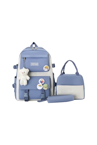 Yeiuyi Öğrenci Okul Çantası Öğle Yemeği Çantası Kalem Çantası Üç Parça Seti Mavi