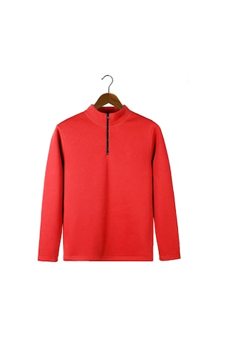 Terapi Men Erkek Açık Kırmızı Yarım Fermuarlı Basic Düz Sweatshirt Açık Kırmızı